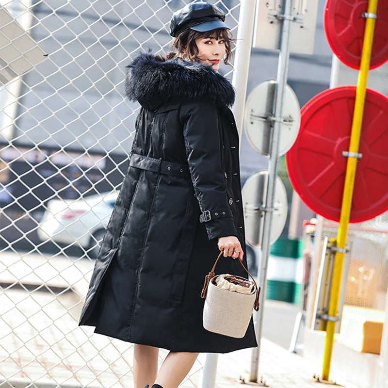 Большая Зимняя парка с капюшоном и воротником из натурального меха енота 2019