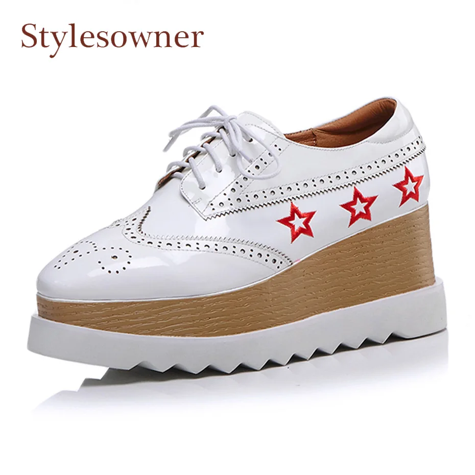 Stylesowner 2018 натуральная кожа вышивать звезды обувь на танкетке женские резьба с