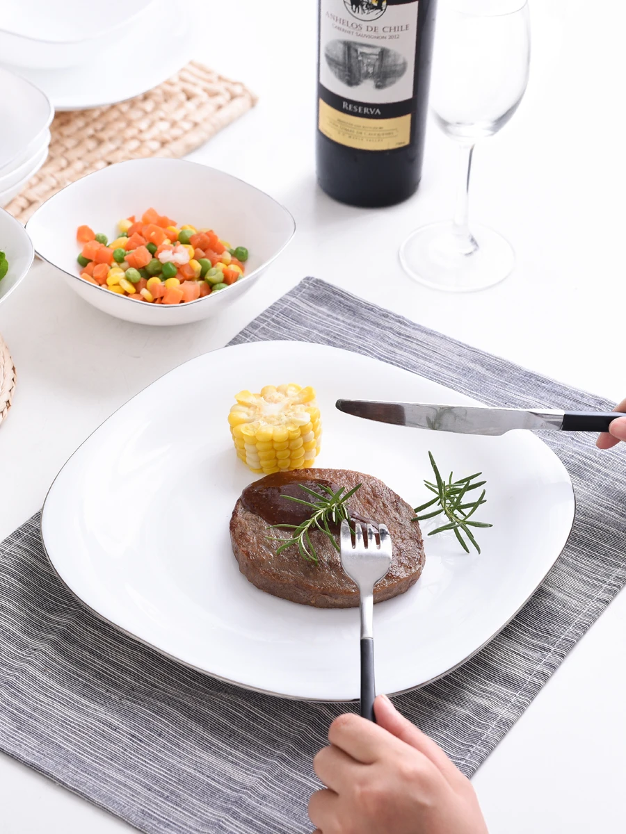 Golden Edge Square White Opal Glass Porcelain Deep Plates Dishes Tableware Steak Salad Bowl Breakfast Dish Plate