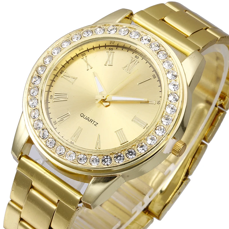 Новый цвета: золотистый серебристый Роскошные Нержавеющая сталь часы Аналоговые