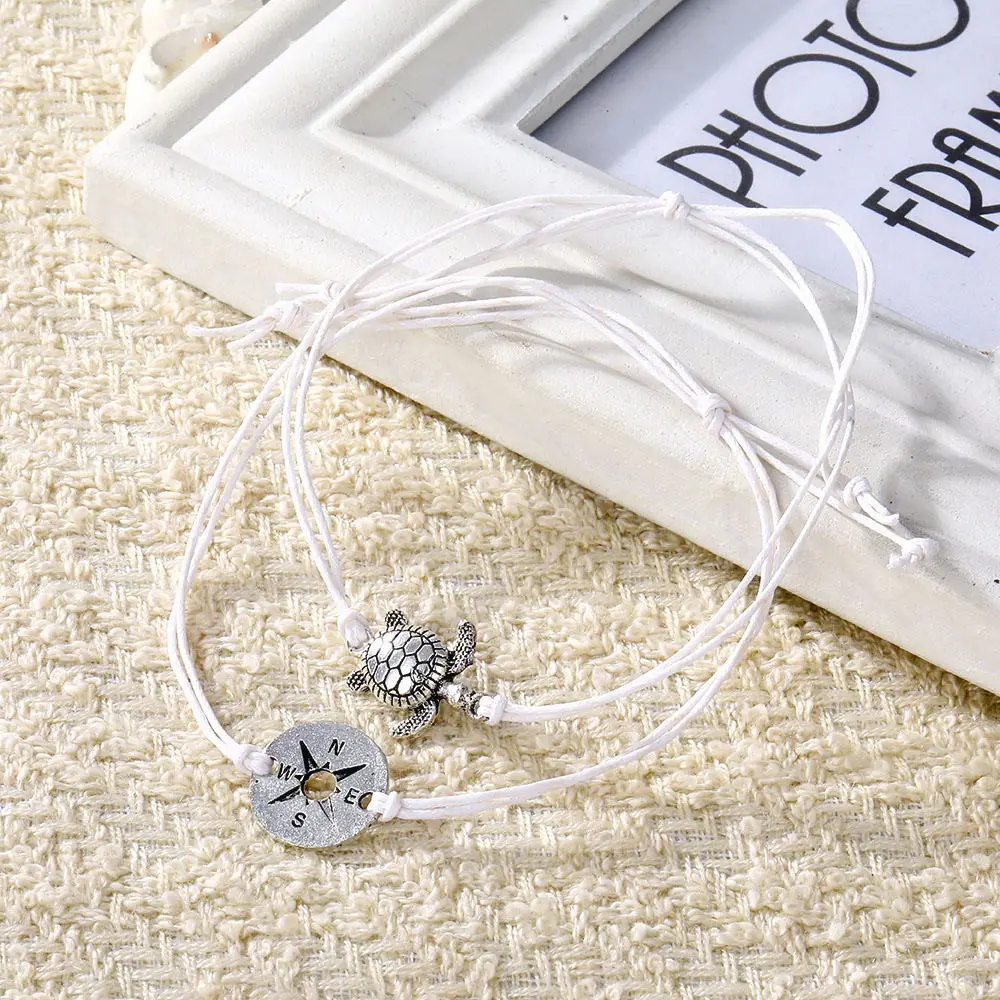 Винтажные в форме компаса форма черепахи очарование веревочный браслет на ногу