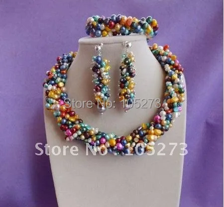

Beautiful Pearl Jewelry Set AA 6-7MM Baroque Shaper Multicolor Freshwater Pearl Necklace bracelet Earring Free Shipping FN1012A