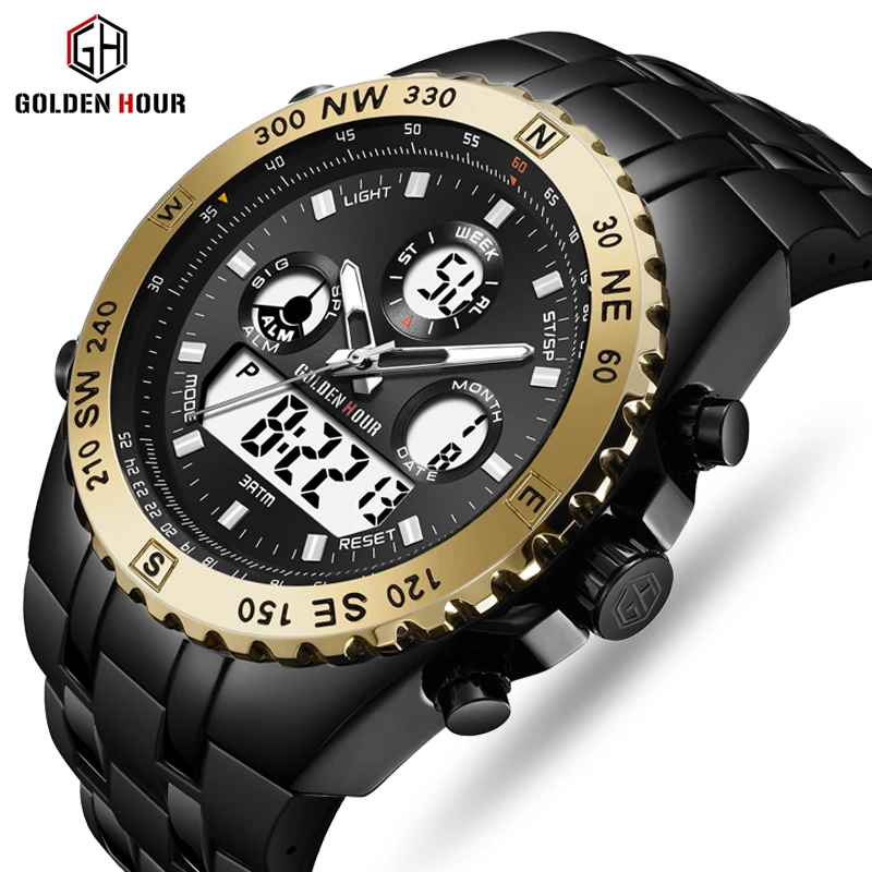Reloj GOLDENHOUR мужские часы Quarzt цифровые с двойным дисплеем наручные светящиеся Relogio
