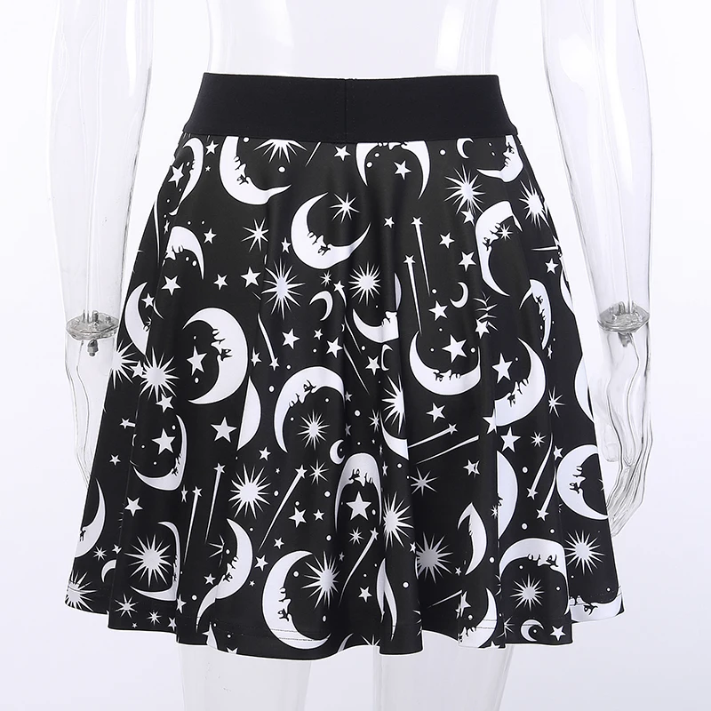 InstaHot Star Moon Printed Skirts High Waist Gothic Stretchy Pleated Skirt Harajuku Casual Punk Mini Black Skirts Summer Fashion