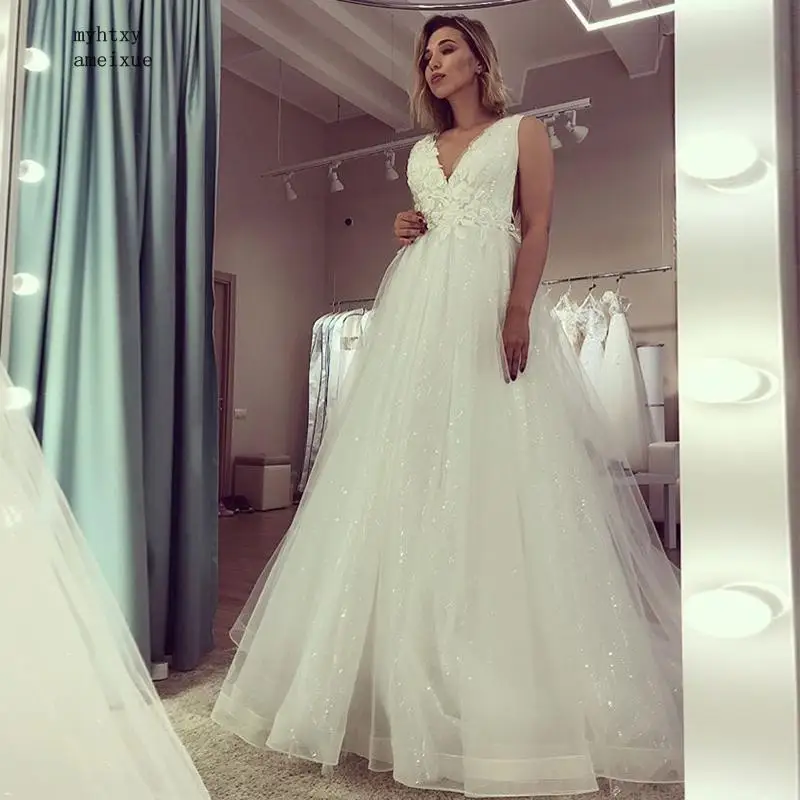 

V-neck Sleeveless Cheap Wedding Dress 2020 White Ivory Full Length Bridal Gowns Sequins Tulle Appliques Long Vestido De Novia