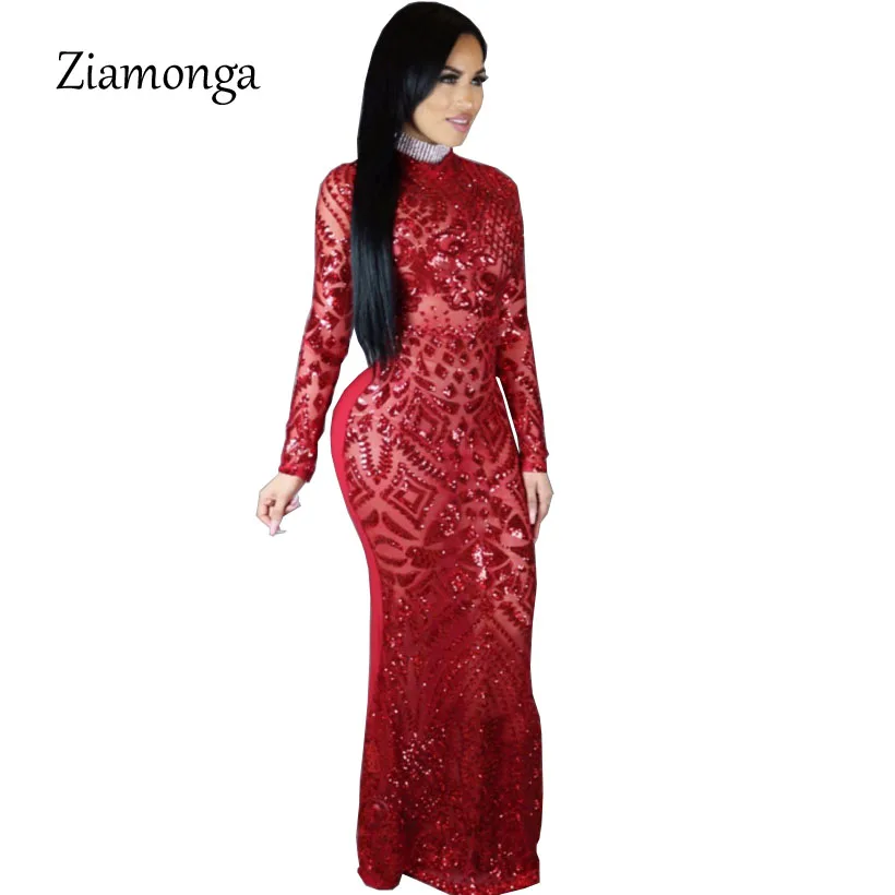 Ziamonga Euramerican Style Sequin Maxi Dress Vestidos Sexy Vintage Round Neck Long Sleeve Sheath Floor Length Bodycon Club | Женская
