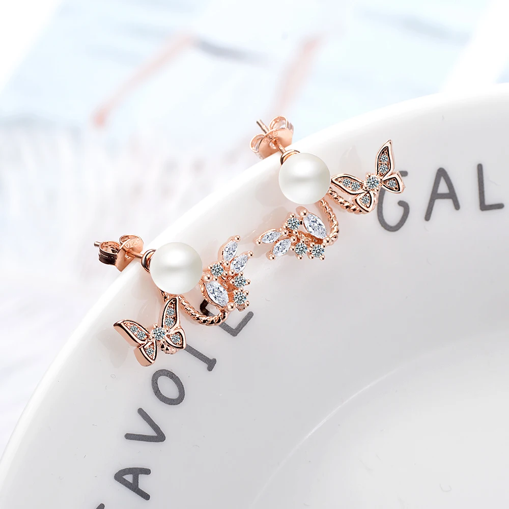 Женские серьги гвоздики из стерлингового серебра ModaOne с жемчугом и бабочкой в