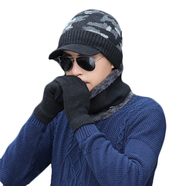 black 3pcs Осенне-зимняя мужская шапка плюс бархат Толстая вязаная шерстяная шапка шарф Набор мужские теплые шапочки модные Зимние ушанки плюшевый воротник шапка наборы - Цвет: black 3pcs