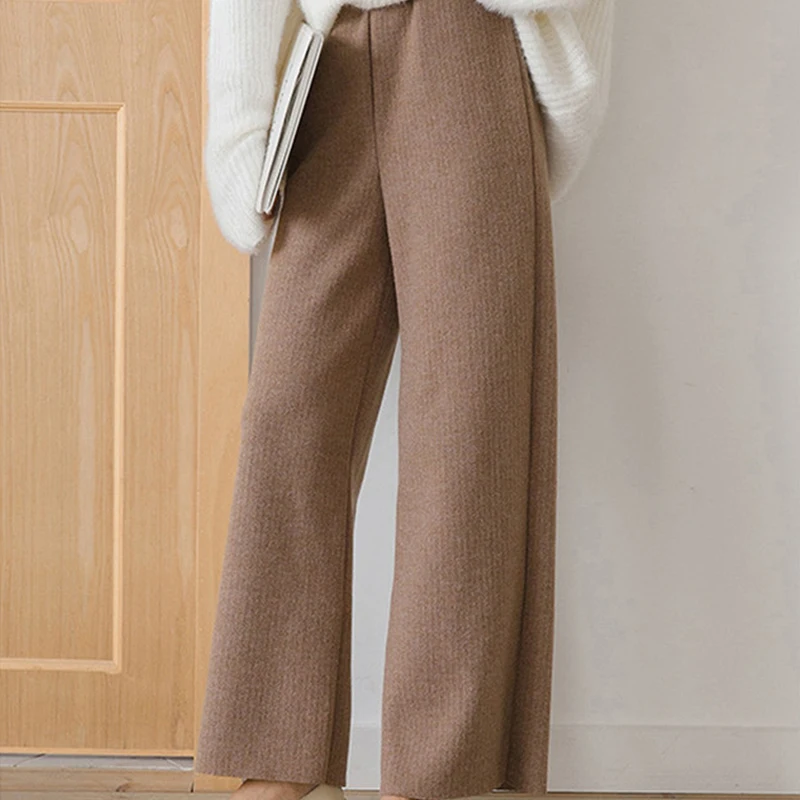 Темно Иконка Solid Цвет шерстяные Широкие штаны Для женщин эластичный пояс брюки