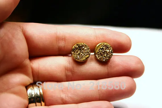 

H-CE41 12mm Gold Druzy Stud Earrings Metallic Peacock Carnival Round Dot Titanium Drusy Quartz