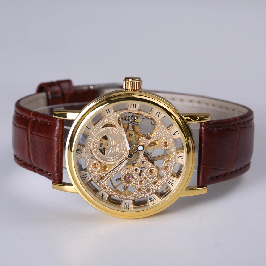 Мужские механические часы скелетоны на кожаном ремешке|clock brand|clock steampunkclock gold men |