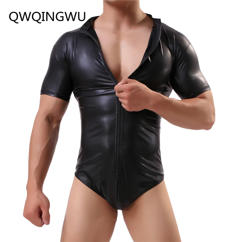 Men Faux Leather Shapers Comfortable Man Sexy Fitness Bodybuilding Sheer Bodysuit Gay Slim Zipper Shaper Underwear Shapewear