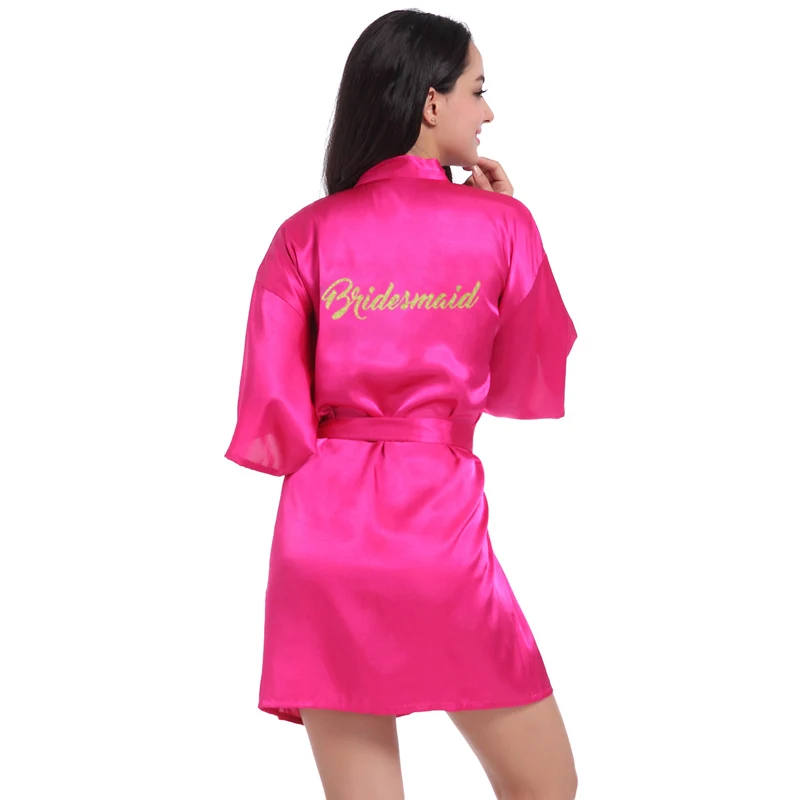 Rosered Bridesmaid Кимоно для невесты с золотым блестящим принтом и буквенным принтом, женское платье из искусственного шелка для девичника, свадебные вечерние халаты - Цвет: Rosered Bridesmaid