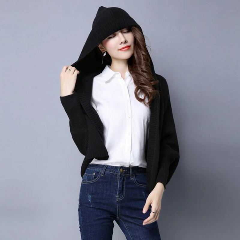 Short jacket sweater 2017 autumn new women long sleeves loose hooded knitting Cardigan Thick bat Sweater coat LU |