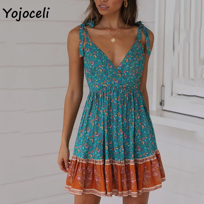 Yojoceli boho платье с пляжным цветочным принтом женское 2019 летнее v-образным вырезом и