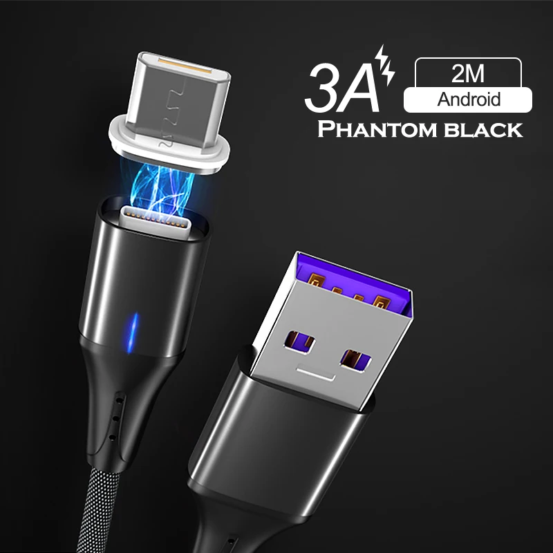 3A Black For Micro Магнитный usb-кабель 3A 2 м для iPhone X, Магнитный зарядный кабель передачи данных для быстрой зарядки, кабель Micro USB type-C для samsung Xiaomi huawei - Цвет: 3A Black For Micro