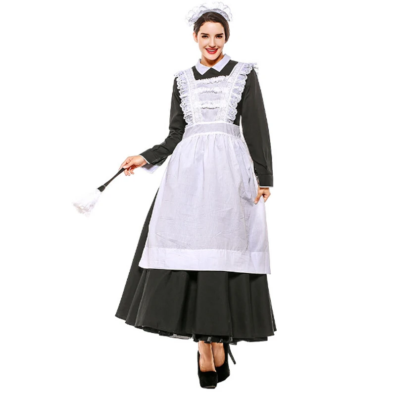 

S-XXL Sexy Adult Woman 3PC Late Night French Maid Servant Costume Black&White French Maid Costume Halloween Party Long Dress