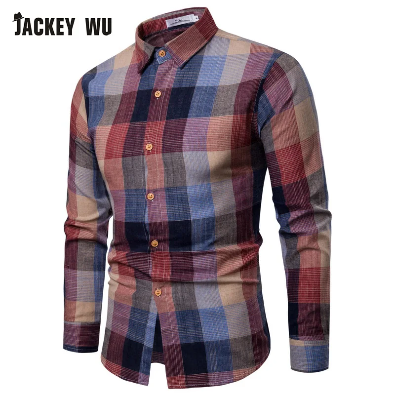 JACKEYWU мужская клетчатая рубашка 2019 корейская модная льняная с длинным рукавом