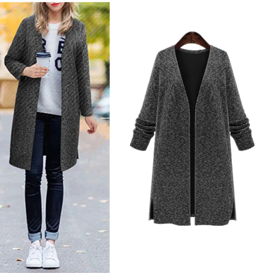 

Hodisytian New Fashion Women Trench Coat Woolen Casual Loose Outerwear Knitted Open Stitch Solid Cardigans Feminino Plus Size