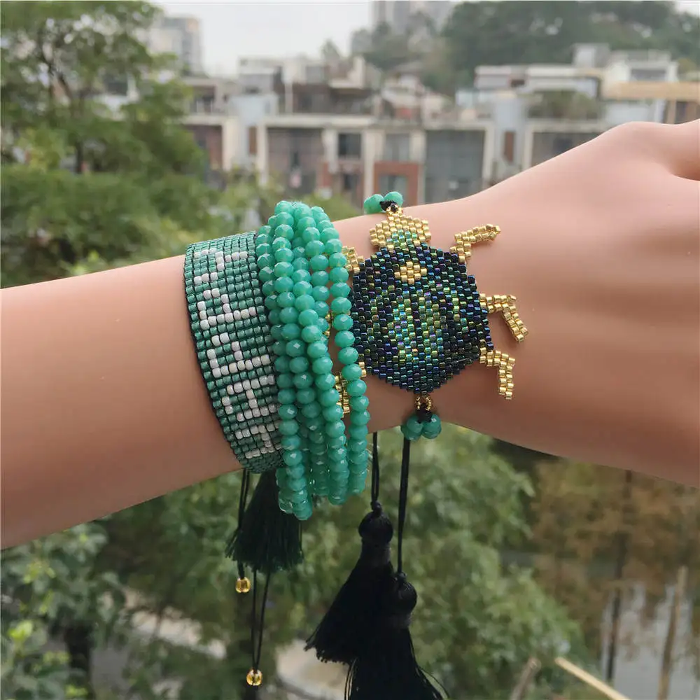 Go2boho MIYUKI браслет женский Зеленый Кристалл кисточкой Жук Pulsera Mujer счастливые насекомые браслеты в стиле бохо Handmad Delica бусины