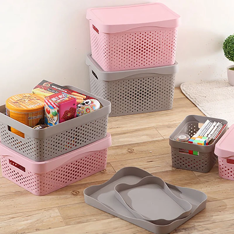 Storage Basket Rectangle Storage Box With Lid Hollow Kitchen Organizer Home Storage Tools