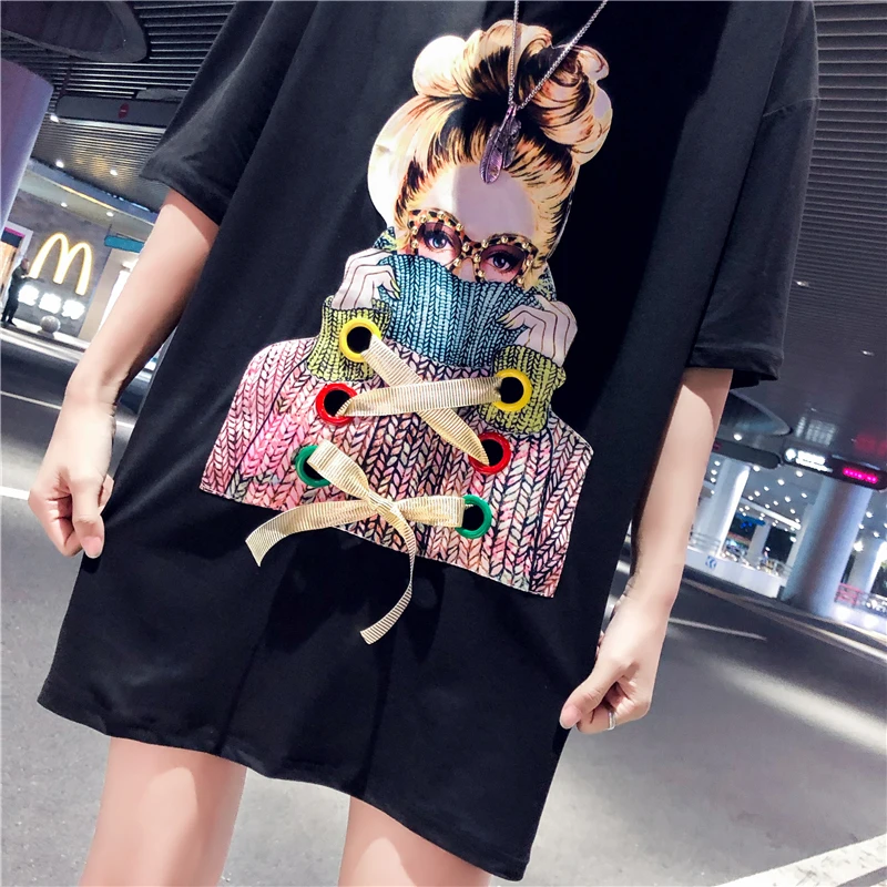 Harajuku/Модная длинная футболка с аппликацией для девочек в стиле хип хоп 2019 г. Новая