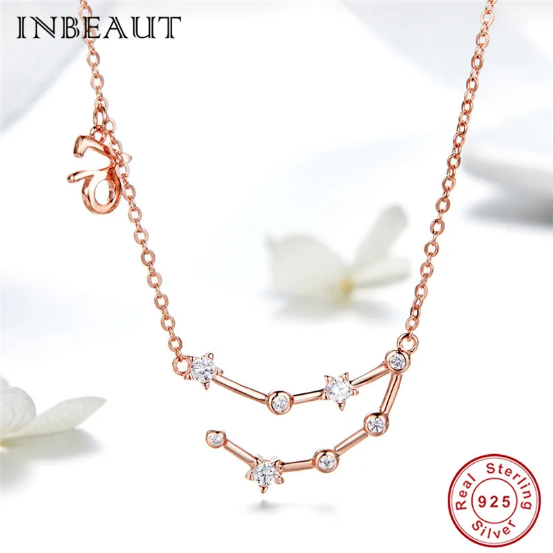 INBEAUT 925 пробы серебро розовое золото 12 созвездий весы Aries Циркон Стрелец с подвеской со знаком Рыб ожерелья для женщин - Окраска металла: snn026