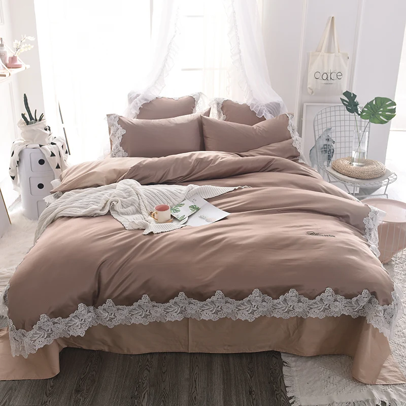Lace Edge Satin IMITATED SILK Bedding Set 4pcs Queen King Size Duvet Cover Bed Sheets Pillowcase Spring Summer Home Textiles | Дом и сад