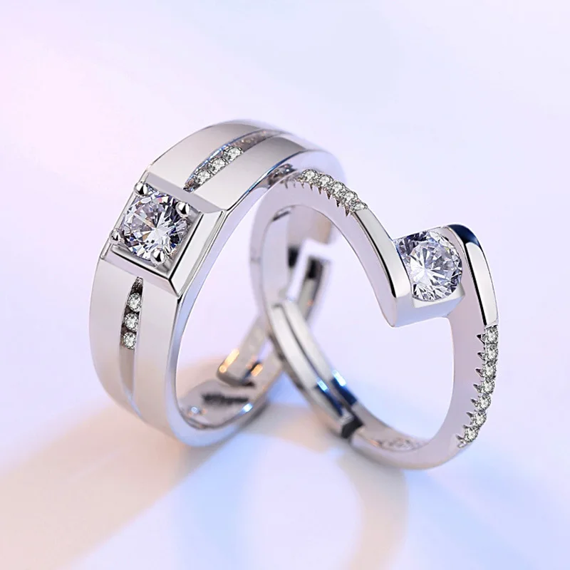 

100% 925 sterling silver fashion shiny crystal lovers`rings adjustable finger ring jewelry wedding gift drop shipping