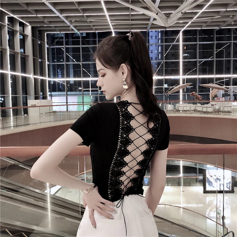Women Lace Tops Backless T-Shirt Solid Up Open Back Tee Shirt 2018 New Round Neck Short Sleeve | Женская одежда