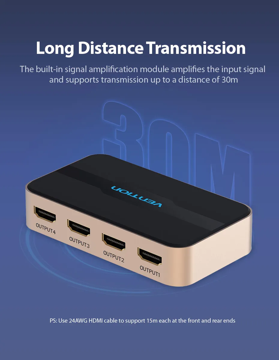 Vention HDMI 1x4 сплиттер 1 в 4 выход для TVbox PS3/4 ноутбука HDMI коммутатор адаптер с блоком питания HD коммутатор 4k X 2k 3D сплиттер