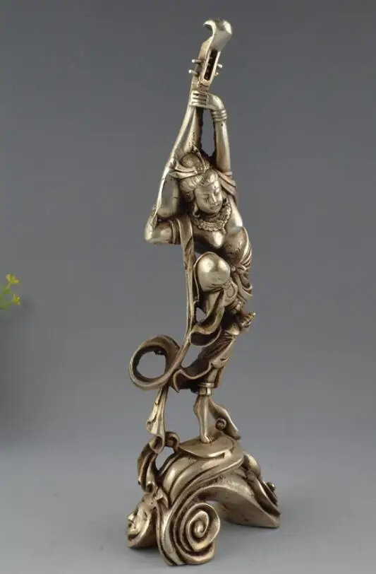 

Old Tibet Buddhism white copper Pipa Kwan-Yin Buddha Statue