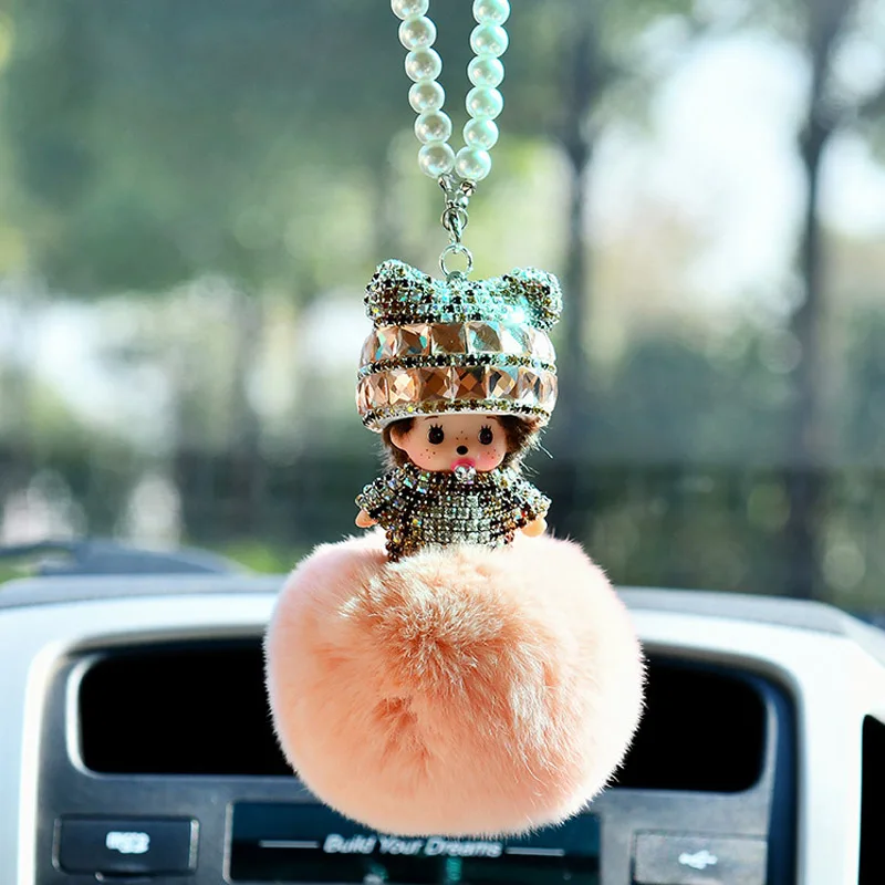 New Arrival Cute Rex Rabbit Fur Set Auger Rear View Mirror Pendant Car Keychain For Mobile Phone bag Auto Accessories 023 | Украшения и