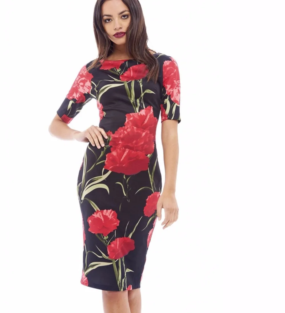 Женское платье с цветочным принтом и круглым вырезом|vestidos f|vestidos fashionvestidos plus |