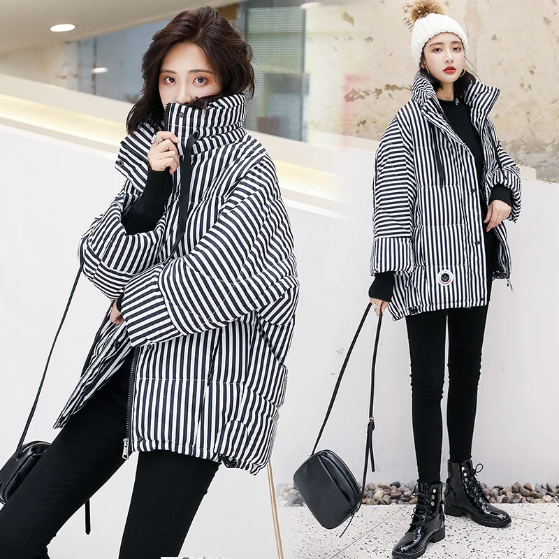 Женская теплая куртка в полоску со стоячим воротником свободное хлопковое