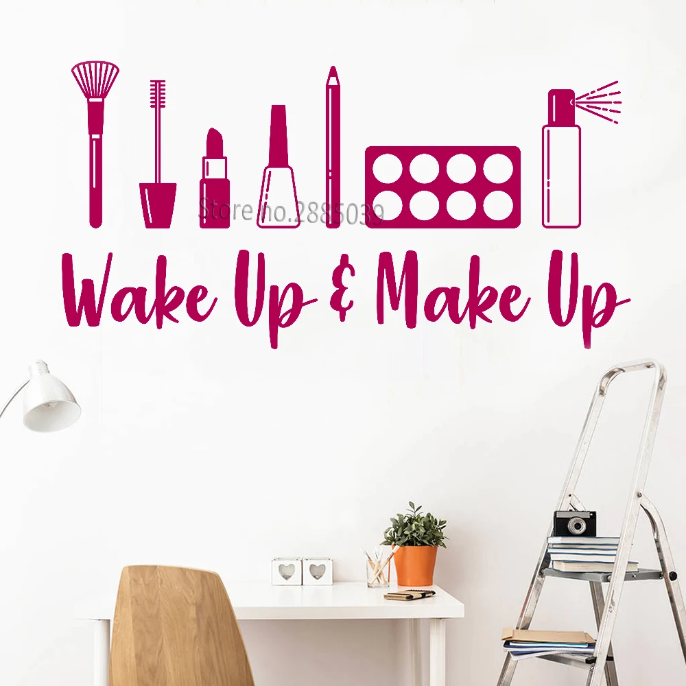 Wake up and Make Up Quote Наклейки на стену Наклейка на стену винил, искусство, дизайн, брови макияж инструменты фрески красота студия украшения LC975