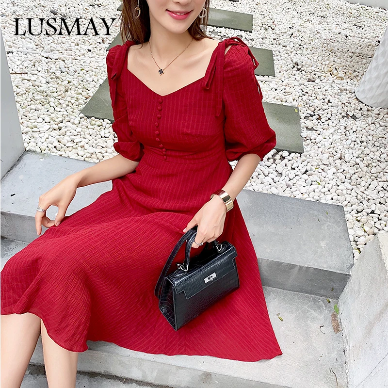 Summer New Short Sleeve Fashion Dress V-neck Buckle Dress Casual Streetwear Solid Color Slim Female Red Women's Dresses