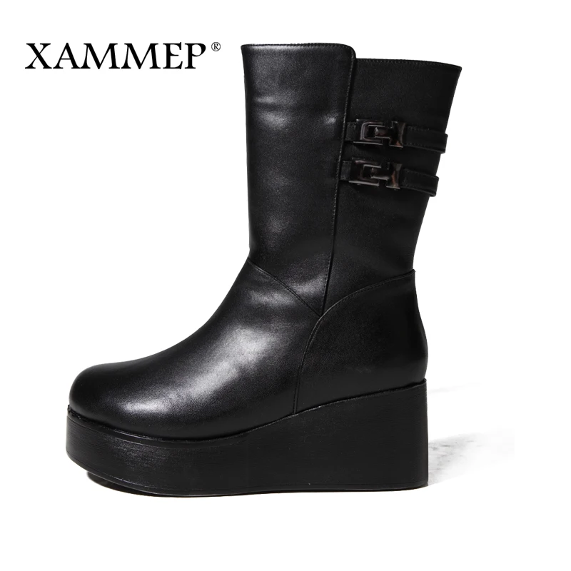 Xammep/женская зимняя обувь; ботинки из натуральной кожи и натуральной шерсти; Брендовая женская зимняя обувь; высококачественные ботинки до середины икры на платформе