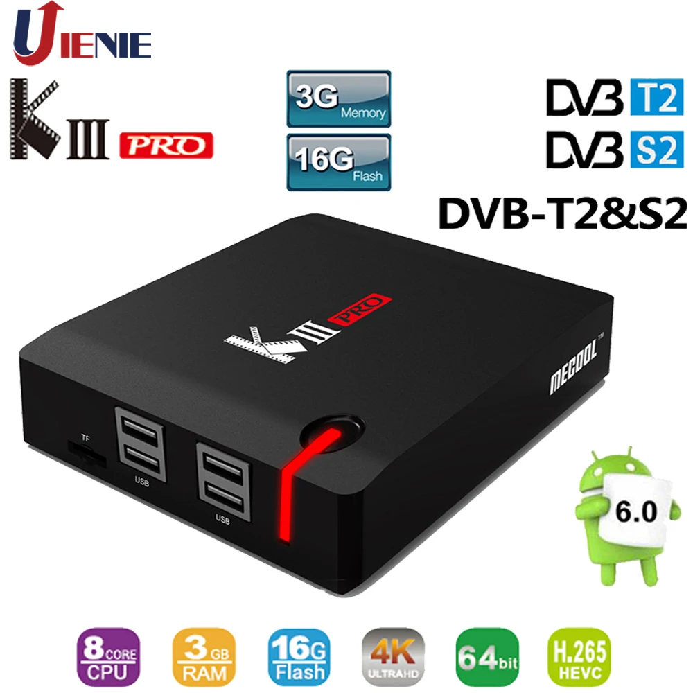 MECOOL DVB-T2 DVB-S2 KIII PRO 3 + 16 ГБ Android 7 1 ТВ коробка Amologic S912 Восьмиядерный 4K 1080P HD DVB-C приемник