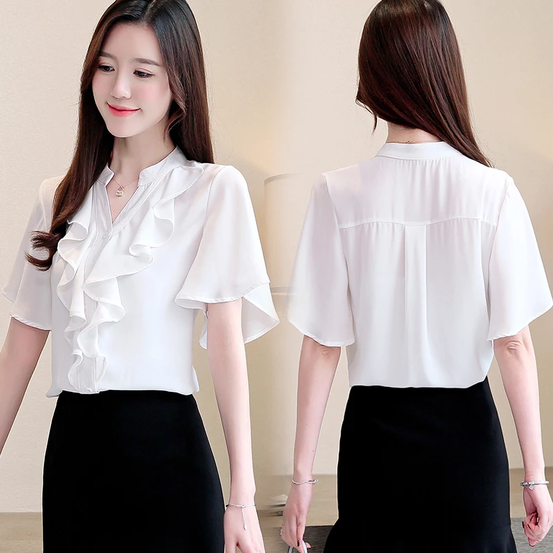 

Fashion Women Blouse And Tops 2021 Chiffon Blouse Shirts Ladies Tops White Shirts Plus Size Women V-Neck Ruffles 3780 50