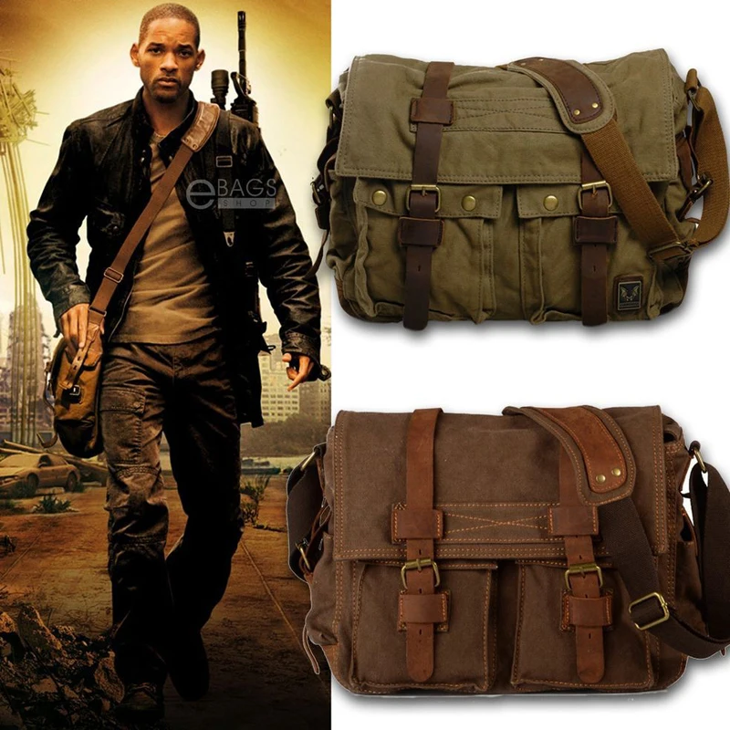 Canvas Leather Corss Body Bag Men Laptop Satchel Designer Vintage Messenger Shoulder Travel Bags I AM LEGEND Will Smith