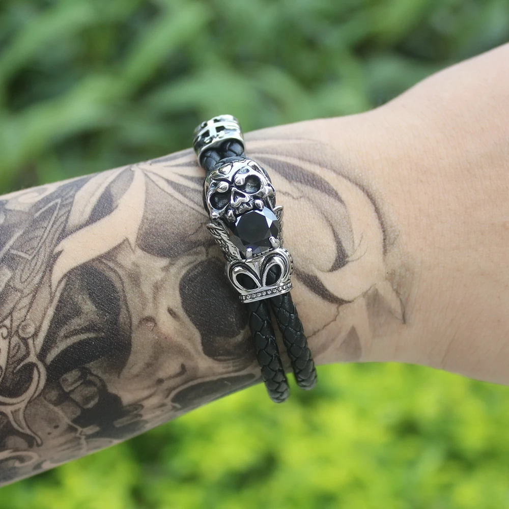 Мужской браслет из натуральной кожи TYO черный с фианитом ювелирное изделие для