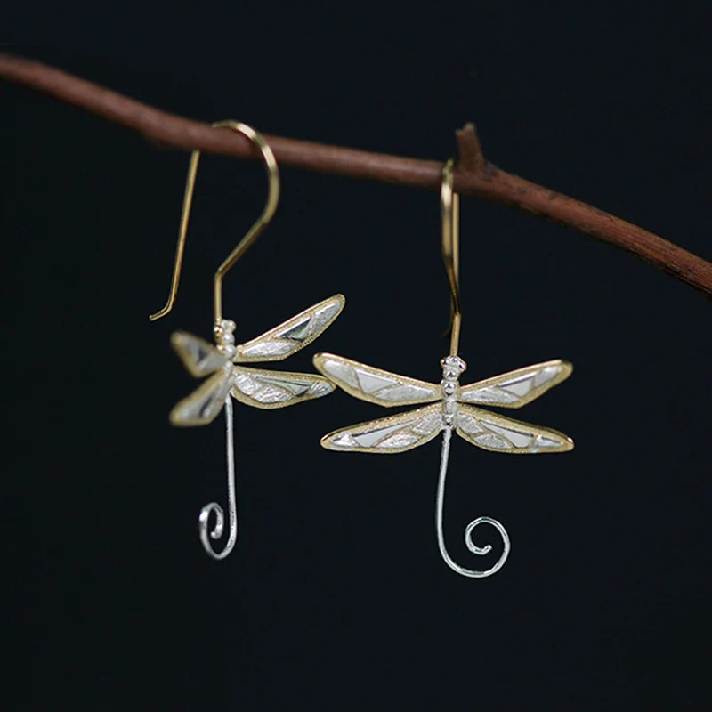 Lotus весело Настоящее стерлингового серебра 925 природных Стиль ручной работы Fine Jewelry Симпатичные Стрекоза серьги для женщин brincos - Цвет камня: Silver tail