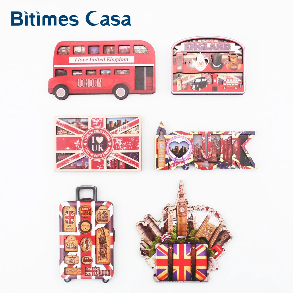 

3D Design Refrigerator Fridge Magnets Double-layer MDF British England Culture Pattern Double-decker Bus Travel Souvenir UK