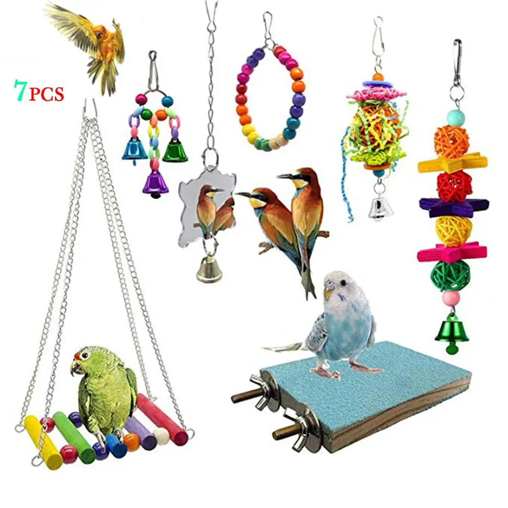 

7 шт. игрушка мостик для укуса попугая с зеркалом качели висящий пластиковый шар Красочные колокольчики для птиц попугай скалолазание гамак...