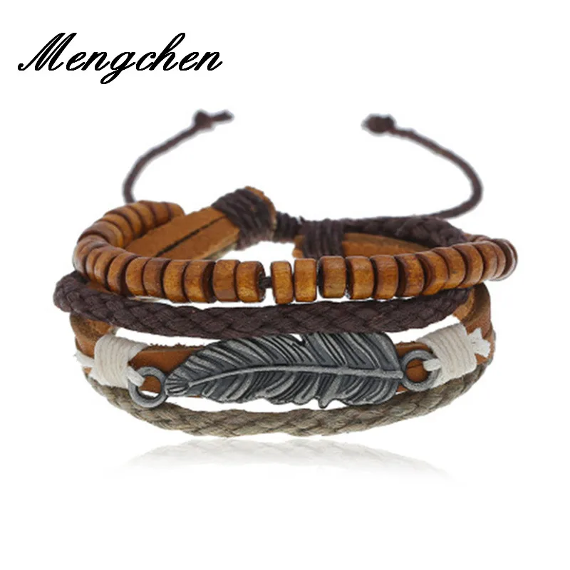 

New Desige Vintage Handmade Woven Multilayer Wooden Bead Alloy Leaf Cowhide Bracelet