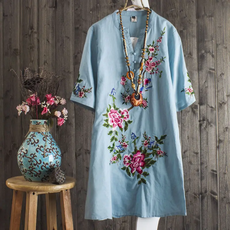 Этническое Вышитое Платье рубашка для женщин с цветочным принтом элегантное