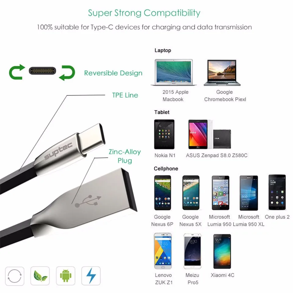 Suptec Тип USB C кабель 3.1 c Зарядное устройство быстрой зарядки шнур Синхронизация