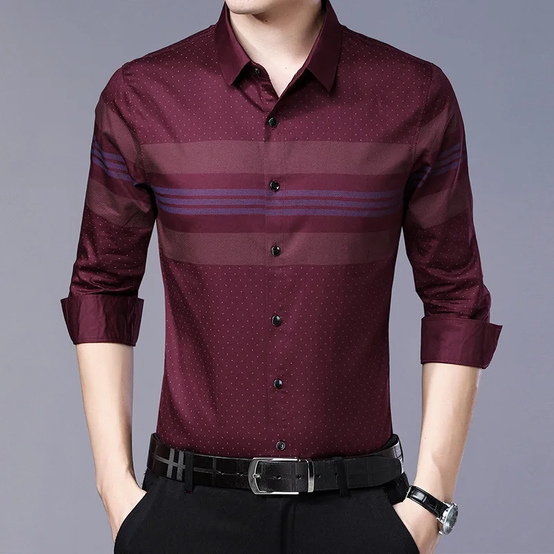 Social длинный рукав полосатый дизайнер Slim Fit винтажная мода Мужская рубашка платье