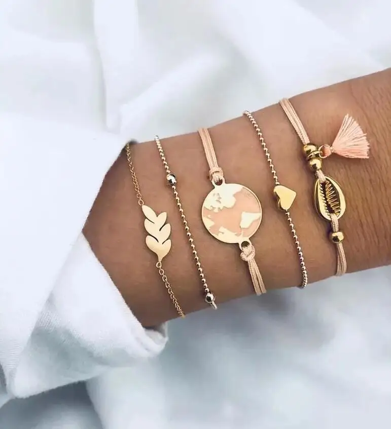 pink tassel 4 шт./компл. Классические со стрелками с округлым с украшением в виде кристаллов многослойные Регулируемый Браслет Комплект Для женщин модные вечерние ювелирные изделия несколько стилей - Окраска металла: pink tassel